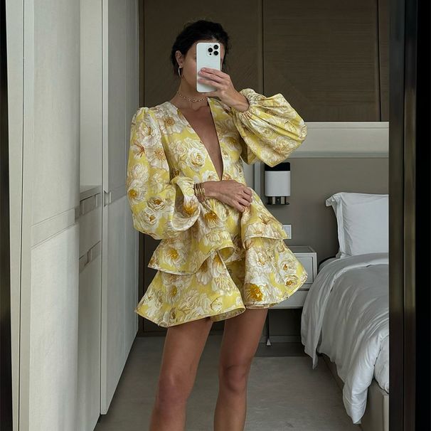 Women Elegant Sweet Printed Deep V Neck Tiered Cake Dress Casual Vacation Flowy A Line Midi Dress_ecoleips.com