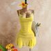Pale Yellow Lace Slip Dress Pure Alluring Fitted Waist Pleats Mesh Ruffles Fishtail Hem Elegant Bodycon Silhouette Women's Dress_ecoleips.com