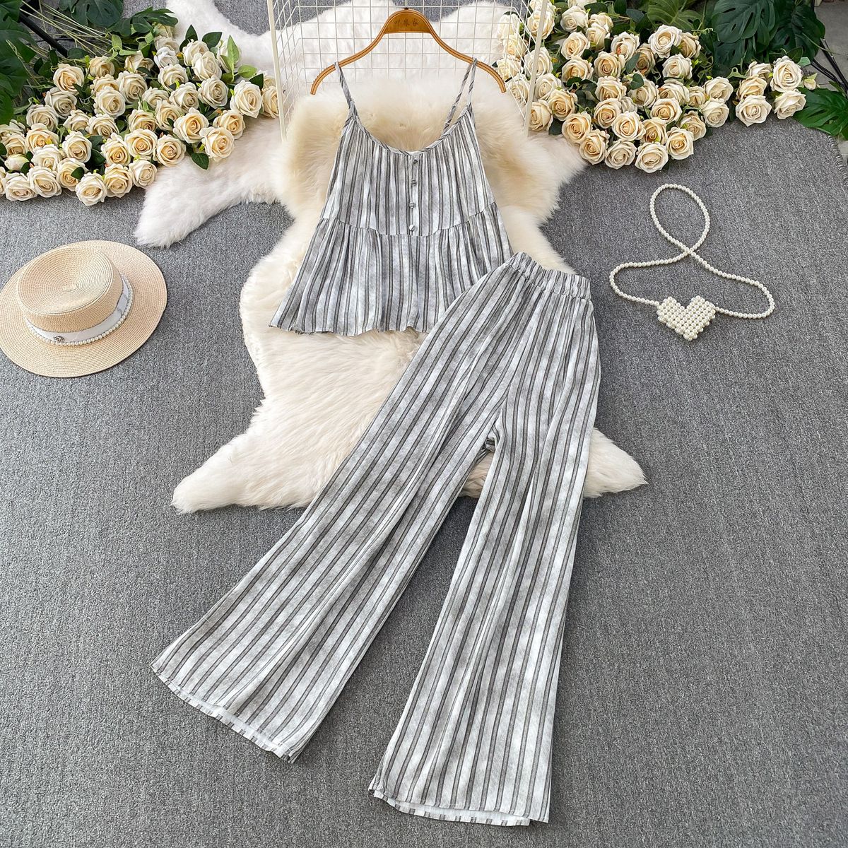 Women's Relaxed Two Piece Set Casual Ruffled Camisole Top And High-Waisted Wide Leg Pants Striped Loose Fitting Stylish Outfit_ecoleips.com