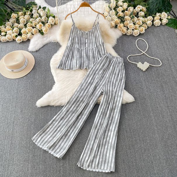 Women's Relaxed Two Piece Set Casual Ruffled Camisole Top And High-Waisted Wide Leg Pants Striped Loose Fitting Stylish Outfit_ecoleips.com
