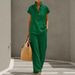 Women's Casual Short Sleeve Cardigan And Trousers Set Solid Color Lazy Style Clothing_ecoleips.com