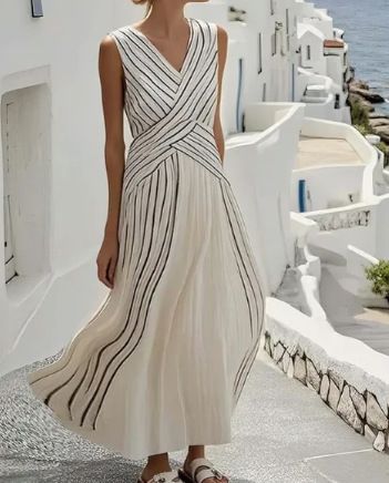 Women's Clothing Casual Sleeveless Dress Striped Design Thin Lanon Fabric American Fashion Style For Summer_ecoleips.com