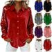 Women's Sequined Sleeve Patchwork Velvet Shirt Loose Fit Long Sleeved Elegant Blouse For Spring/Autumn_ecoleips.com