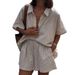 Women's Clothing Striped Short Sleeved Shirt And Shorts Suit Loose Single Breasted Top High Waist Shorts Two Piece Suit_ecoleips.com
