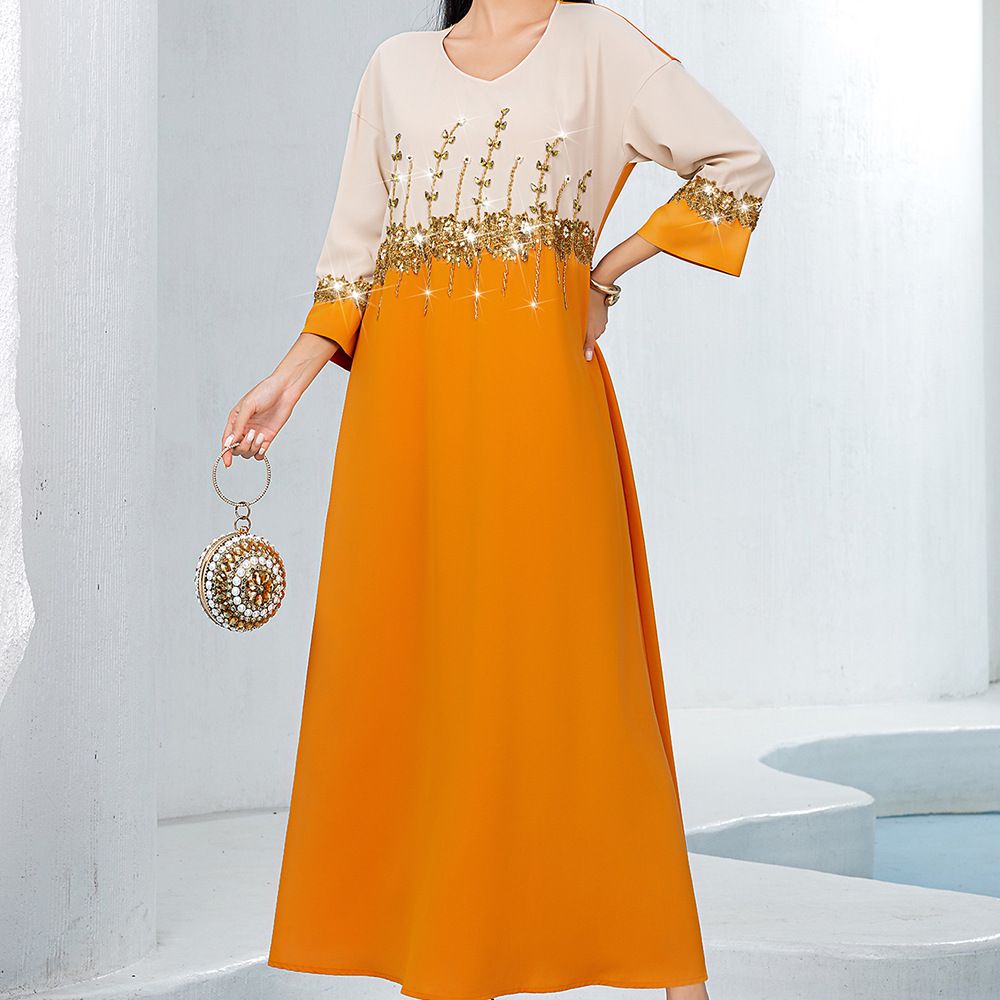 Ba5138 Orange Double-Tone Elegant A-Line Skirt Banquet Long Dress For Women_ecoleips.com