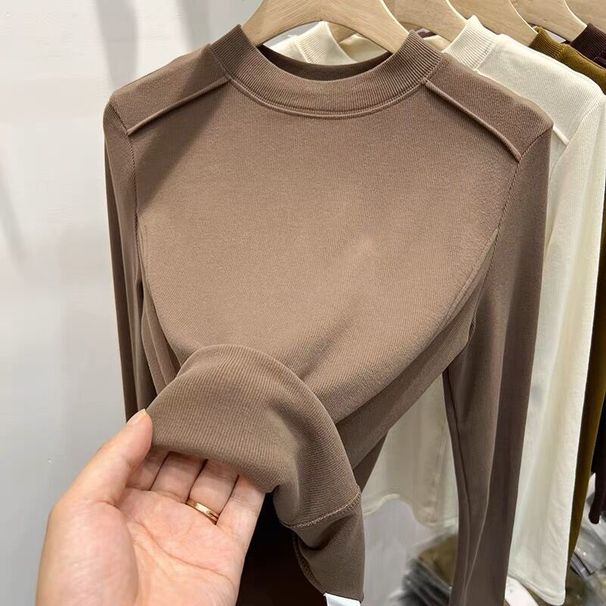 2025 Design Sense, Thin Velvet Brushed Warm T-Shirt Top, Autumn And Winter New Style, Slimming Long Sleeved Threaded Cotton_ecoleips.com
