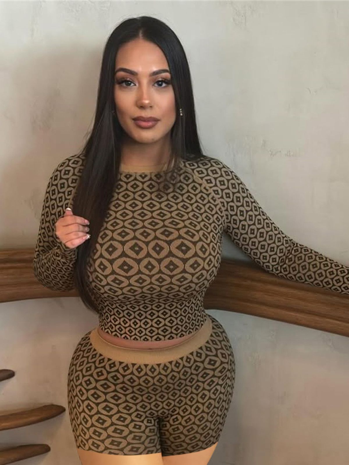 Women's Clothing Fashion Printing Slim Sexy Elastic Long Sleeved Round Neck Top Trousers Suit Women's Clothing_ecoleips.com