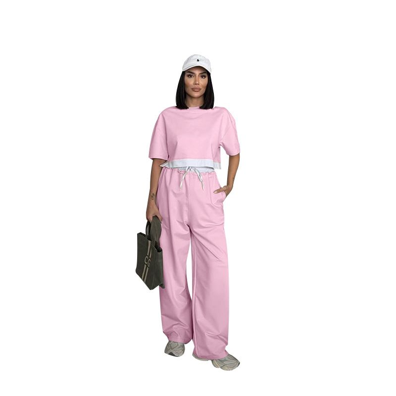 Women's Clothing Solid Color Round Neck Short Sleeved Women's Sweatshirt Fashion Casual Wide Leg Pants Suit_ecoleips.com