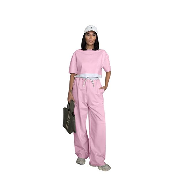 Women's Clothing Solid Color Round Neck Short Sleeved Women's Sweatshirt Fashion Casual Wide Leg Pants Suit_ecoleips.com