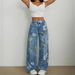 Women's Clothing Street Fashion Loose Straight Wide Leg Pants Printed Denim Trousers_ecoleips.com