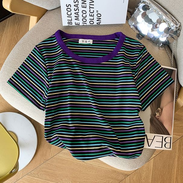 Women's Clothing Women's High-End Round Neck Striped Color-Block T-Shirt Short-Sleeved Summer Design For Formal & Casual For Women_ecoleips.com
