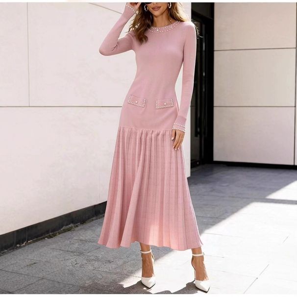 Women's Round Neck Beaded Long Sleeved Knit Dress Slim Fit Fashionable Autumn Winter New Style_ecoleips.com