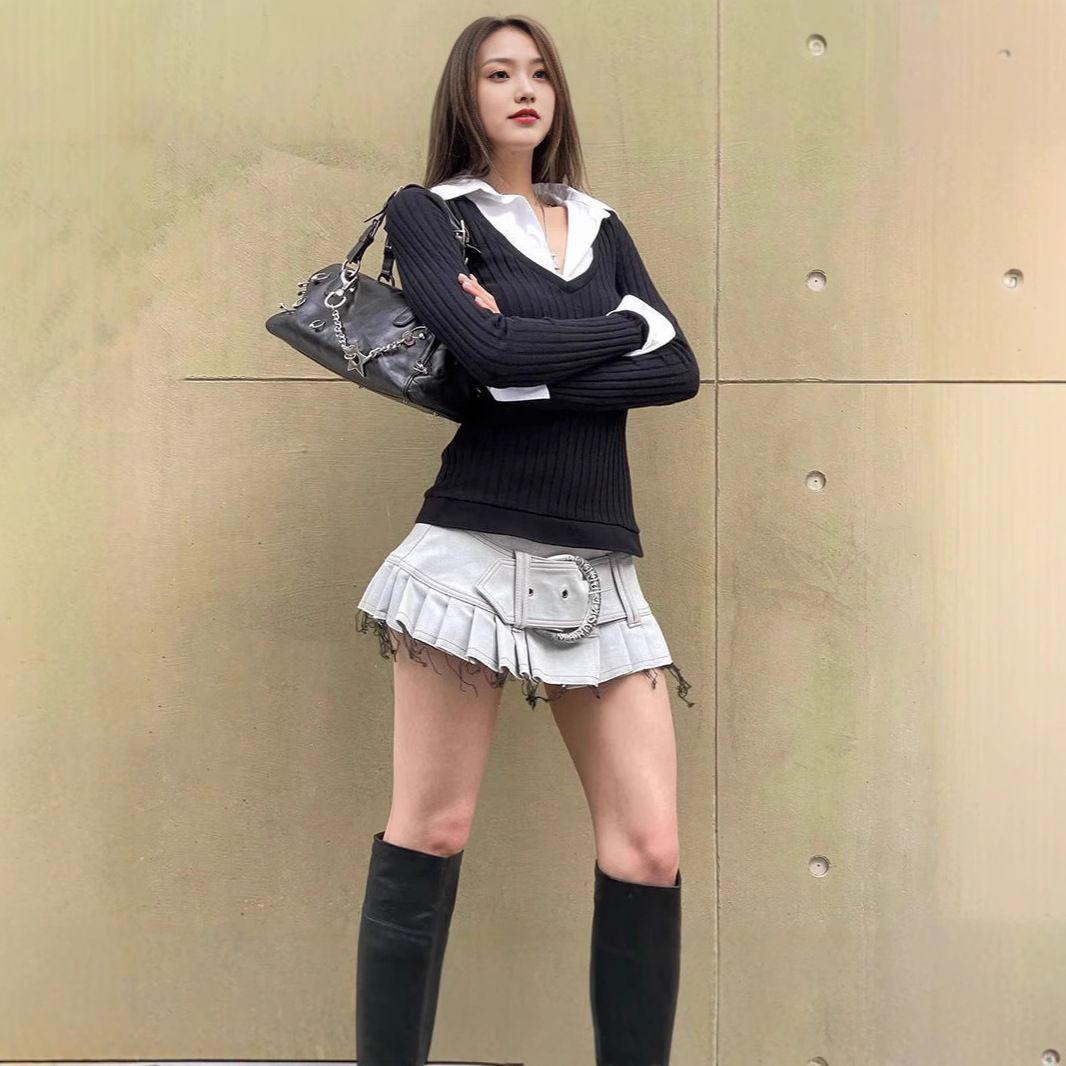 Women's Slim Fit Long Sleeve Polo Collar T-Shirt American Style Preppy Faux Two Piece Flattering Top for Spring Layering_ecoleips.com