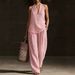 Breathable Linen-Blend Wide-Leg Pants & Halter Top Set, Striped Summer Two-Piece Outfit For Women_ecoleips.com