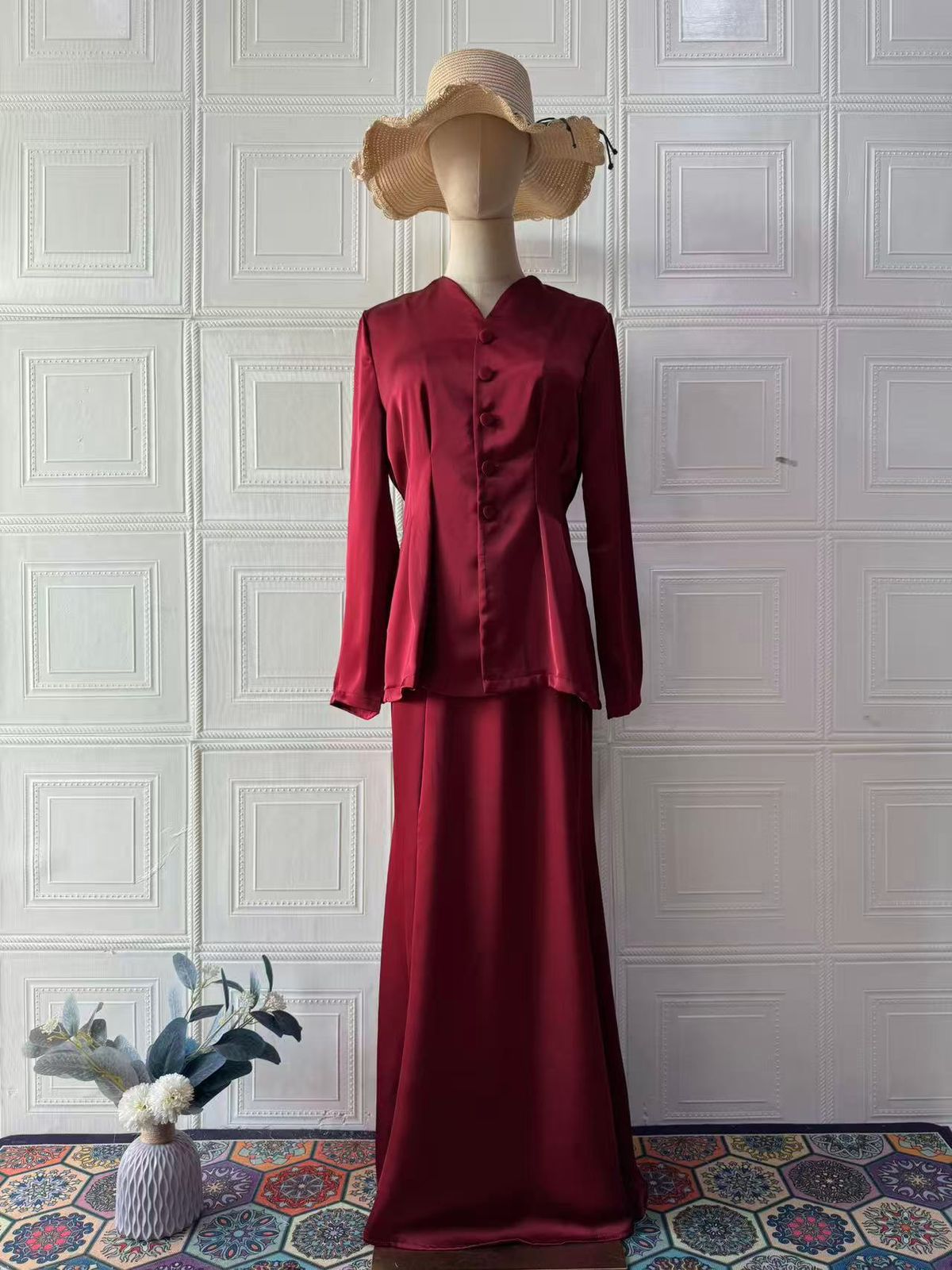 Elegant High-Waist Flowy Midi Dress With Long Sleeves – Women's Tailored Two-Piece Set For Autumn (Wine Red, Dark Brown, Black)_ecoleips.com