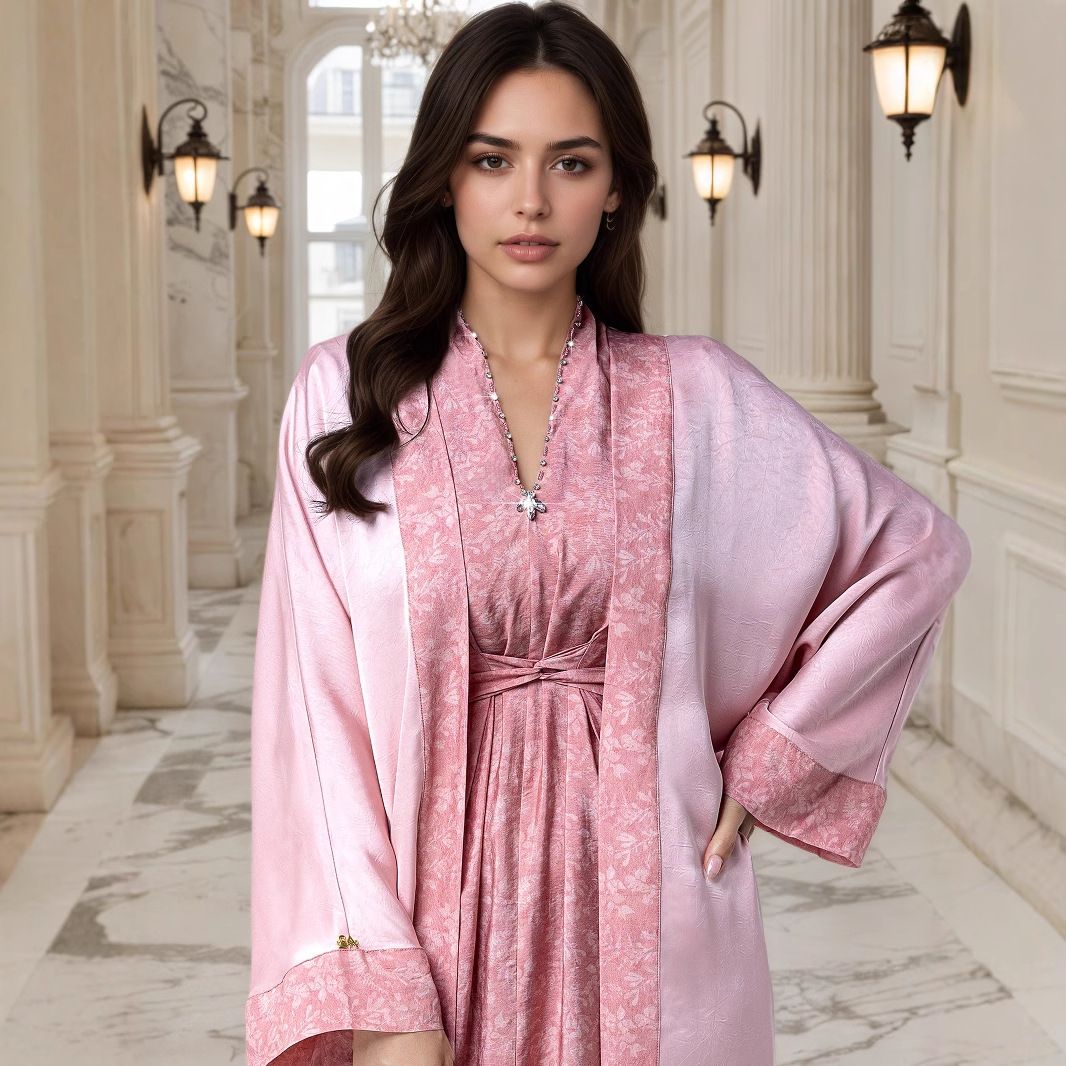 Ba5031 Sakura Pink Two-Piece Long Sleeve Cardigan Long Robe Abaya Dress For Women_ecoleips.com