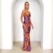 2025 Spring/Summer Women's Fashion New European And American Style Purple Printed V-Neck Long Slim Fit Sexy High-Waisted_ecoleips.com