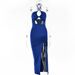 Women Glamorous Figure‑Flattering Maxi Dress With Trendy Halter Neck, Chest‑Accentuating Ruched Detail & Dramatic High Side Slit_ecoleips.com
