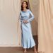Solid Color Cowl Neck Open Back Long Sleeve Maxi Dress Women Elegant Hot Girl Casual Slim Long Dress_ecoleips.com