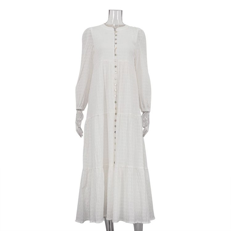 New French Style Women's Cotton Pleated Casual Dress round Neck Long Sleeve Cardigan White Maxi Skirt Russian Women's Clothing_ecoleips.com