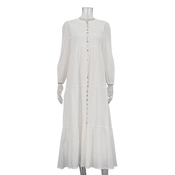 New French Style Women's Cotton Pleated Casual Dress round Neck Long Sleeve Cardigan White Maxi Skirt Russian Women's Clothing_ecoleips.com