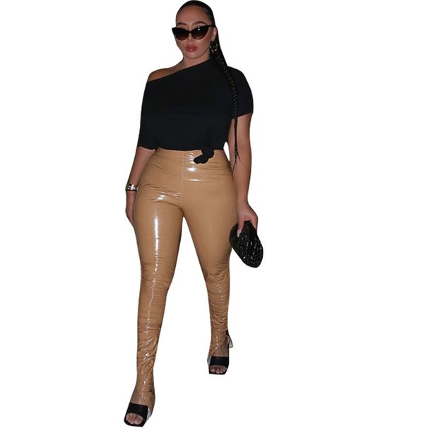 Women's Tight PU Leather Pants Side Slits Pleated Pencil Skinny Jeans Sexy Fit Casual Tight Pants_ecoleips.com