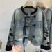 Women's Chinese Style Denim Jacket, Vintage Frog Button Floral Embroidered Jean Coat, Pink Trim Stand Collar Cropped Casual Outerwear For Daily Street_ecoleips.com