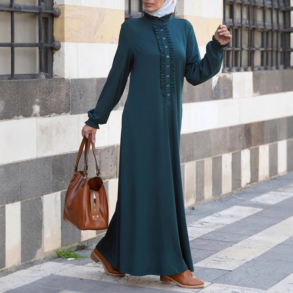 2025 Spring Summer New Sleeve Ruffled Stand Collar Muslim Robe Conservative Women's Long Dress_ecoleips.com
