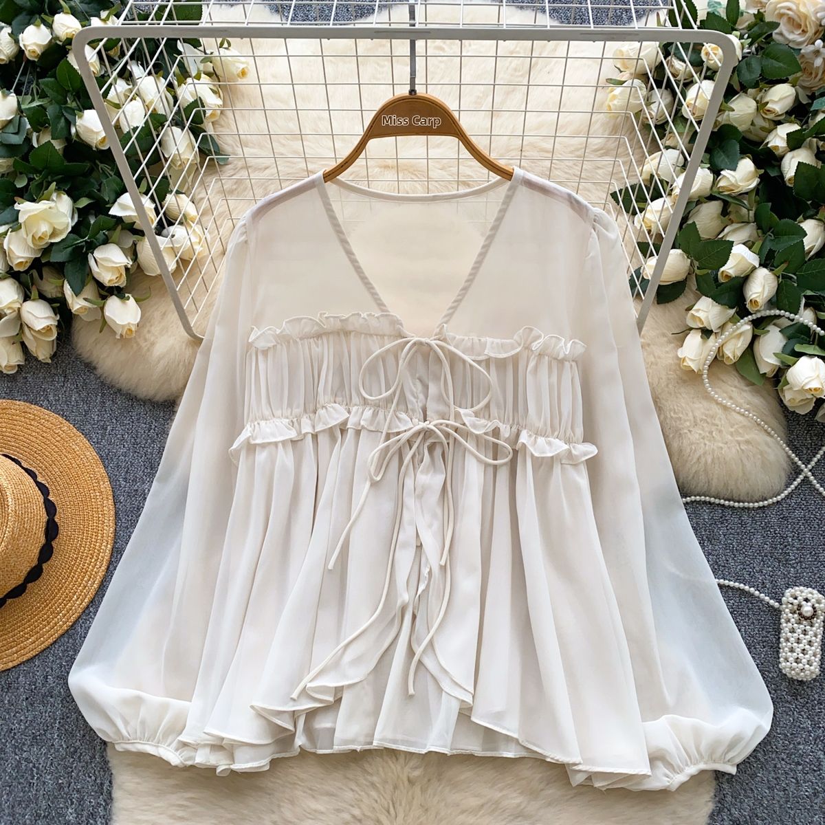 Women's Chiffon Blouse V Neck Tie Waist Lantern Sleeve Thin Mesh Shirt French Gentle Style 2025 Autumn New Selected Top_ecoleips.com