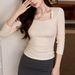 2025 #Superior Choice # Temperament Shoulder Square Neck T-Shirt Women's Long Sleeve 2025 Autumn New Tight Bottom Shirt Top_ecoleips.com