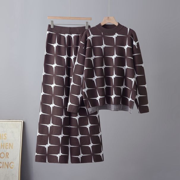 Women's Jacquard Knitted Two Piece Set round Neck Autumn Winter Fashionable And Versatile Cross Border European American Style_ecoleips.com