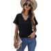 Summer Solid Color T-Shirt Women's V-Neck Lace Patchwork Casual Short-Sleeved Base Layer Top_ecoleips.com