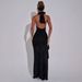 2025 Summer New Fashion Elegant Solid Color Shimmer Sexy Backless Side Slit Off-Shoulder Halter Dress For Women_ecoleips.com
