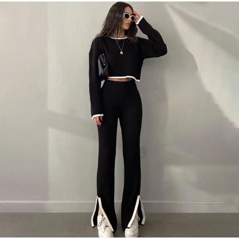 In Stock Autumn Winter European American Foreign Trade New Cross-Border Russian Sleeve Sweater Knitted Top Long Pants_ecoleips.com