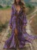 Hot Selling Pastoral Bohemian Print V-Neck Long Sleeve Dress_ecoleips.com