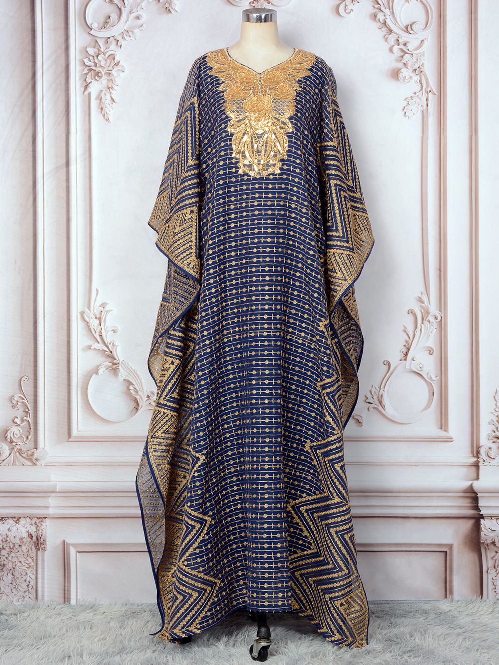 Women's Muslim Robe Fashion Embroidery Beaded Neck Flower Swing Two-piece Dress_ecoleips.com