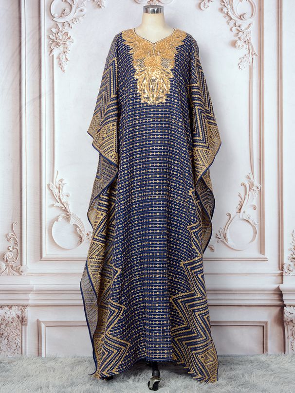 Women's Muslim Robe Fashion Embroidery Beaded Neck Flower Swing Two-piece Dress_ecoleips.com