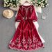 Premium Ethnic Style Vintage Inspired Women's Dress round Neck Lantern Sleeve Embroidered Waist Cinching Slimming a Line 2025 New Style_ecoleips.com