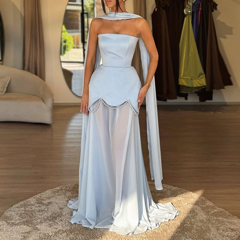 Lady Sexy Sleeveless Hem Solid Long Dresses Fashion Floral Hem Chic Shawl Ribbon Gown Strapless Paneled Pearl Chain Weding Dress_ecoleips.com