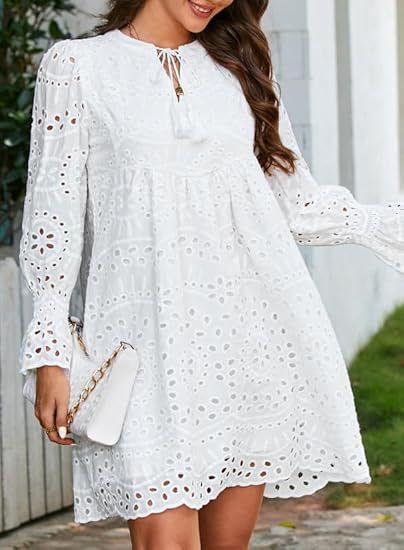 Women's 2024 Casual With Tassels, V-Neck, Long Sleeves, A-Line, Hollow Lace, Pleated Party Dress_ecoleips.com