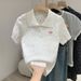 Women's Polo Collar Knit Top Short Sleeve Cropped Shirt Bow Embroidery Button Detail_ecoleips.com