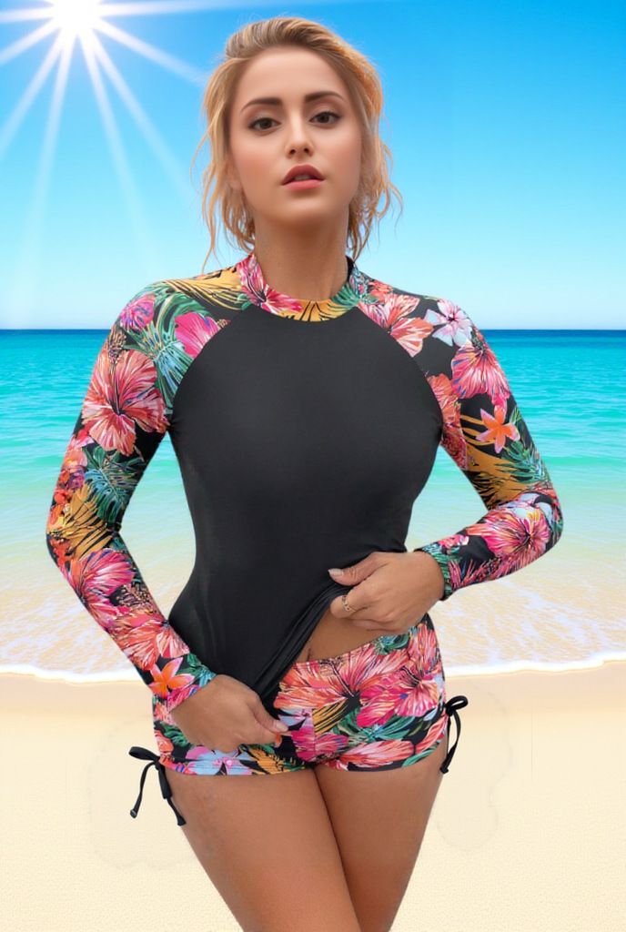 Women's Printed Long Sleeve Wetsuit Two Piece Swimsuit European American Style Sexy Sports Surfing Diving Racing Swimwear_ecoleips.com