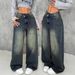 2025 New Y2K Style Basic Simple Washed Distressed Low-Waist Wide-Leg Jeans With Draped Effect_ecoleips.com
