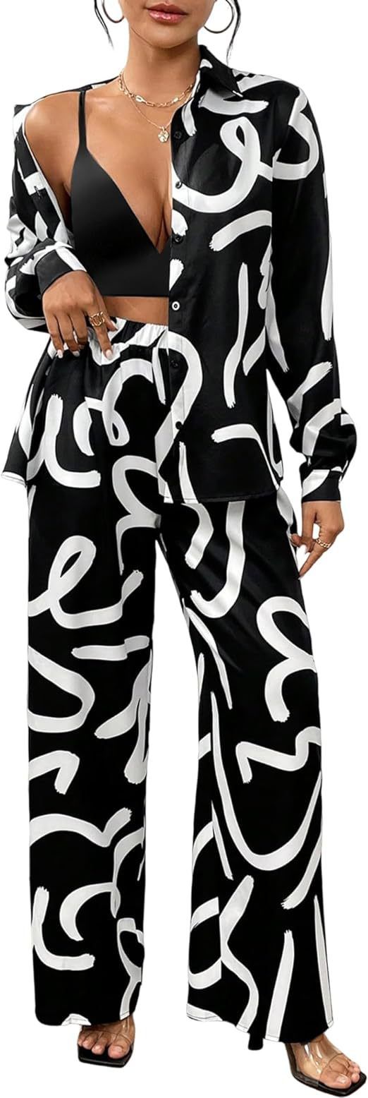 Women's Fashion Printed Two Piece Set Casual Shirt And Wide Leg Pants Spring/Autumn Full Length Polyester Clothing_ecoleips.com