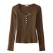 2025 #Craftsmanship Selection # American Button V-Neck Long Sleeved T-Shirt Women's Pure Cotton 2025 Autumn New Shoulder Top_ecoleips.com