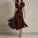 2026 Summer Short Sleeved High Waist Robe Dress Elegant Pleated Party Long Dresses Retro Solid Color Lapel Swing Commuting Dress_ecoleips.com