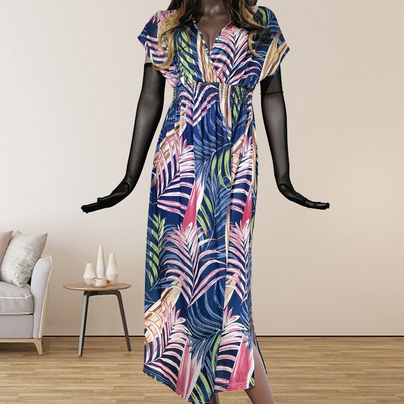 Women's Stylish Maxi Dress Printed Pattern Deep V‑Neck Backless With Tie‑Up Detail_ecoleips.com