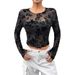 Women's Black Long Sleeve T-Shirt Sexy Mesh Round Neck Top Style_ecoleips.com