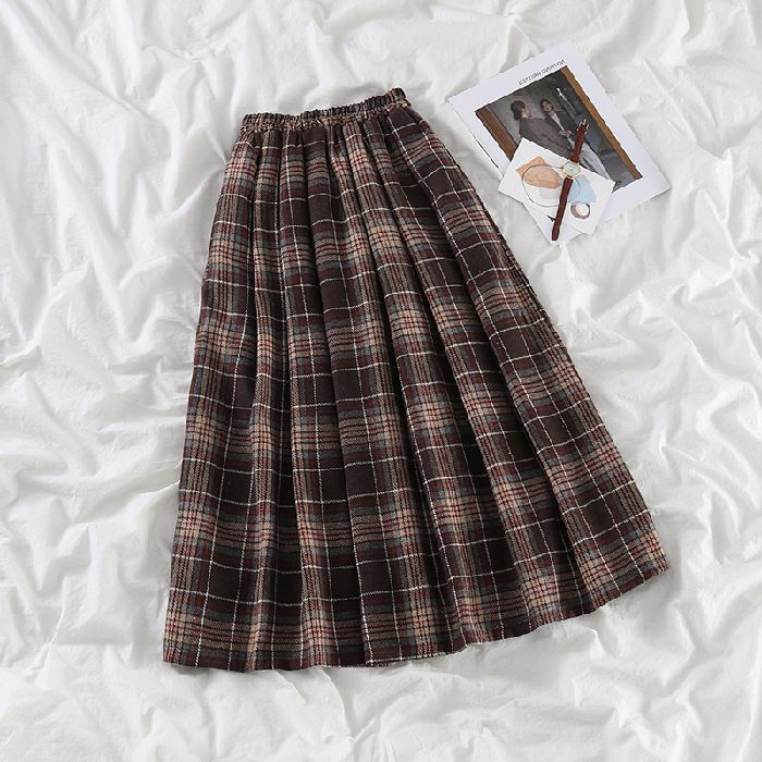 Women's Clothing Women's Knit Sweater & Plaid Skirt Set - Loose Fit High Waist Winter Outfit, Korean Style Casual Two-Piece_ecoleips.com