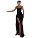Women's Sexy Halter Dress Style Tie Waist Sleeveless High Slit Revealing Backpack Buttocks Banquet Gown_ecoleips.com